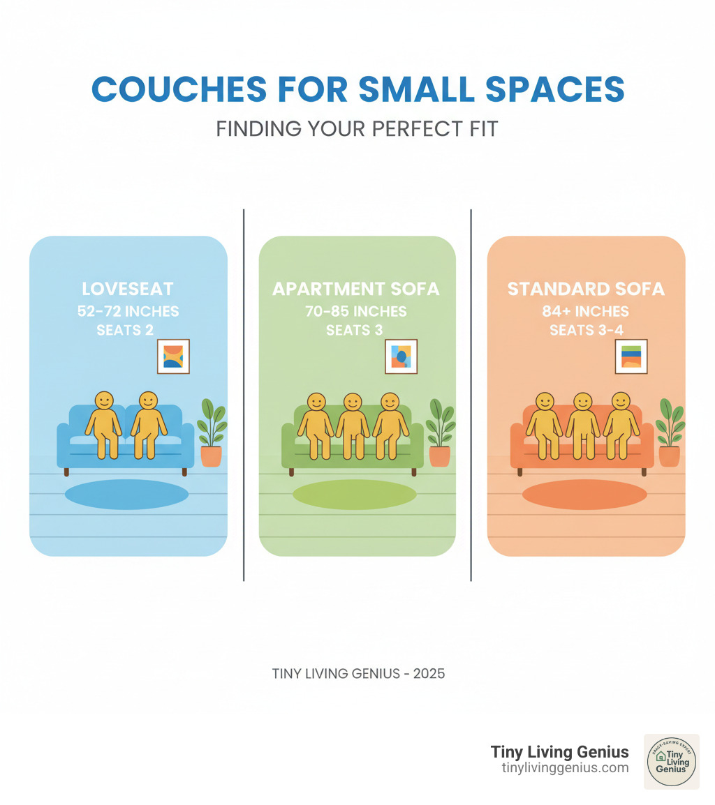 Comparison infographic showing the dimensions and seating capacity of different couch types: loveseat (52-72 inches, seats 2), apartment sofa (70-85 inches, seats 3), and standard sofa (84+ inches, seats 3-4), with visual representations of each in a small living room setting - couches for small spaces infographic 