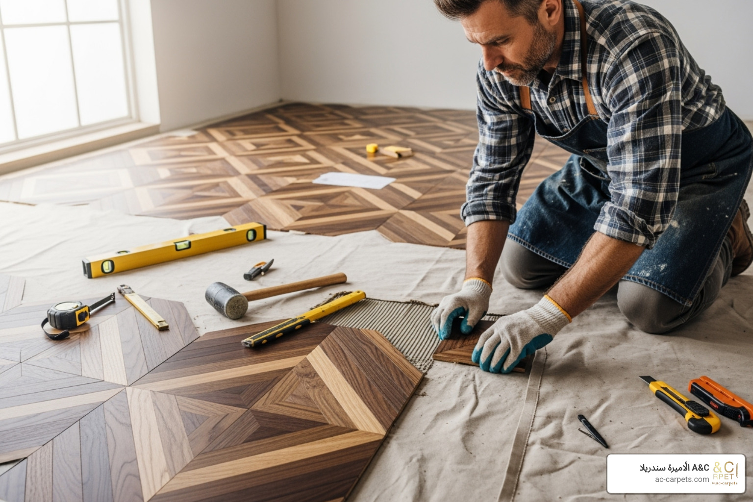 craftsman carefully installing an intricate parquet tile pattern - luxury flooring Egypt