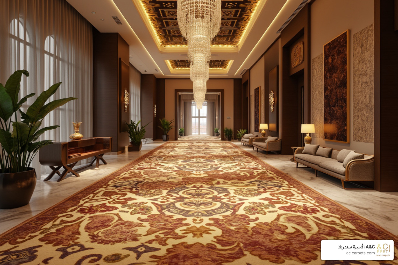 luxury hotel lobby in Cairo featuring a custom-designed, large-scale patterned carpet - luxury flooring Egypt
