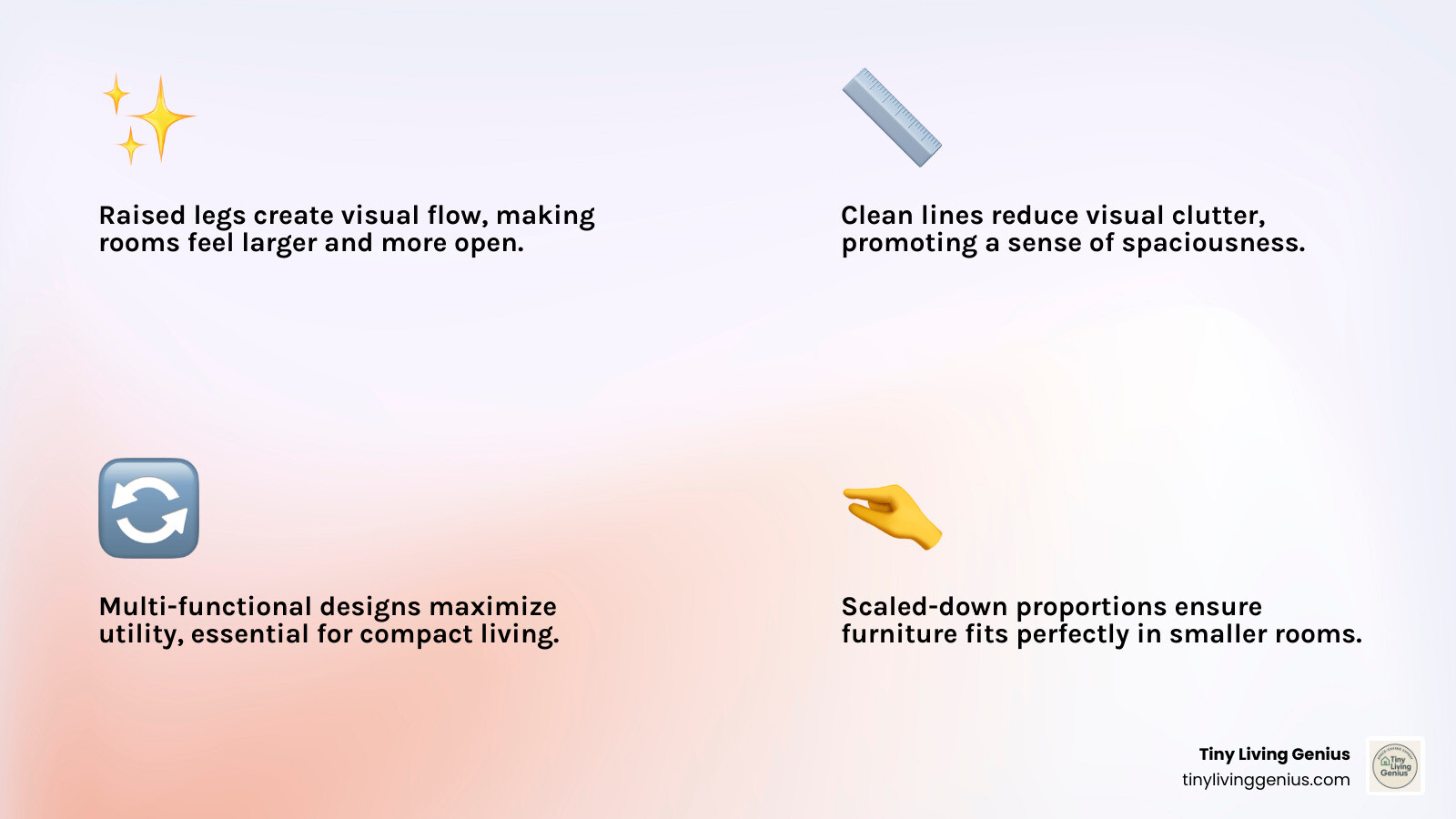 Infographic showing 5 key characteristics of Mid-Century Modern design that benefit small spaces: furniture with raised legs creating visual flow, clean lines reducing visual clutter, organic shapes that feel natural and open, multi-functional pieces maximizing utility, and scaled-down proportions fitting compact rooms - mid century modern furniture for small spaces infographic 4_facts_emoji_light-gradient