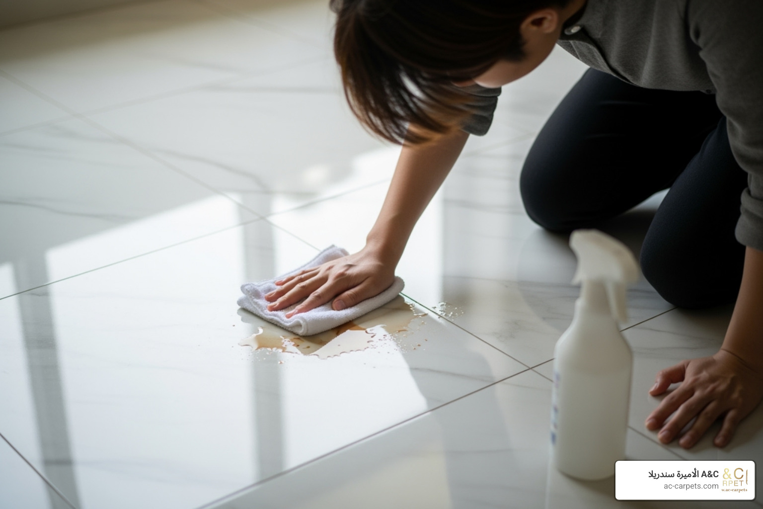person spot-cleaning a spill on a tile floor - best way to clean and disinfect tile floors