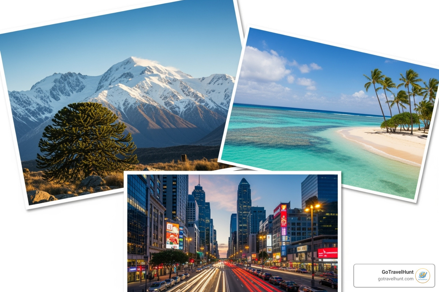 Collage of diverse travel destinations including a snowy mountain in the Southern Hemisphere, a sunny beach, and a vibrant city - cheap flights in july to anywhere