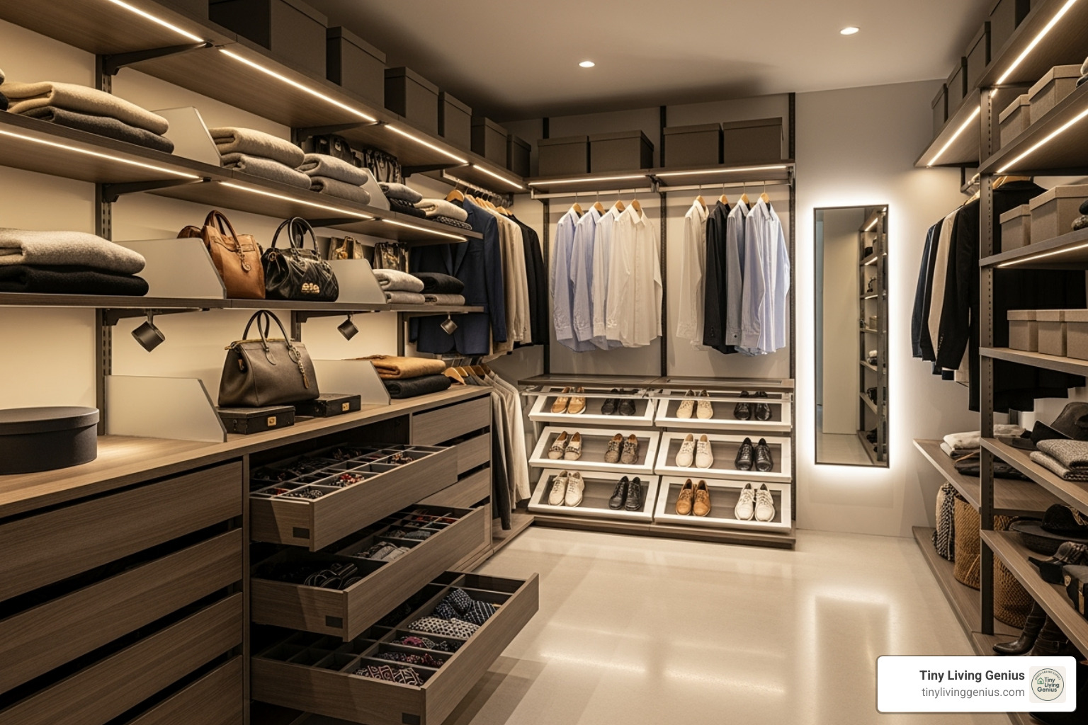 a variety of smart storage components like pull-out drawers and modular shelves - smart wardrobe storage solutions