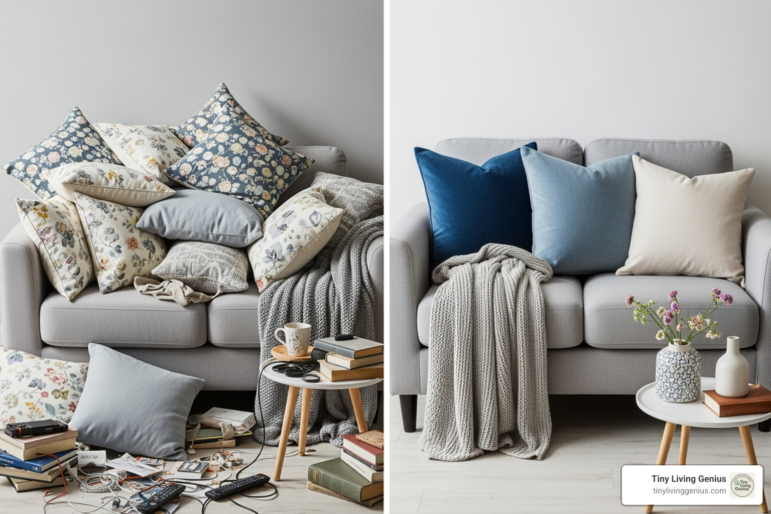 showing two ways to style a small couch: one cluttered, one minimalist and chic - couches for small spaces