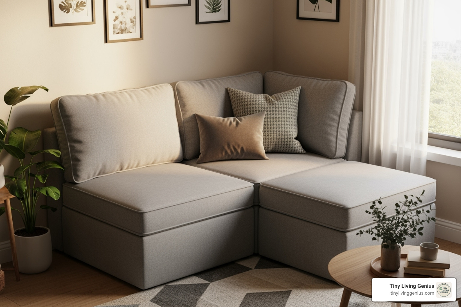 of a compact modular sectional arranged in a small apartment corner - couches for small spaces