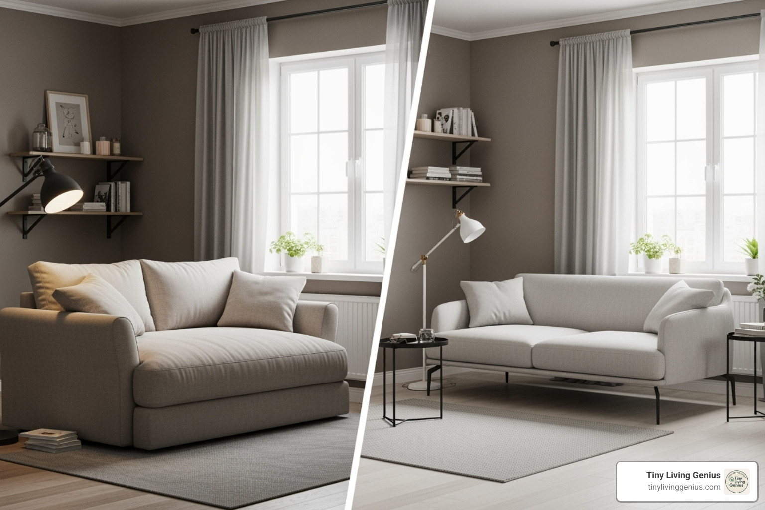 comparing a bulky couch vs. a leggy, slim-armed couch in the same small room - couches for small spaces