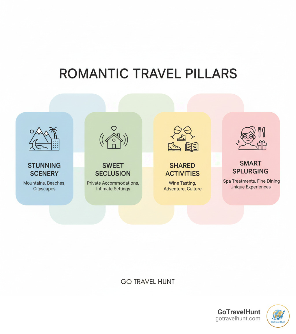 Infographic showing the four pillars of romantic travel: Stunning Scenery (mountains, beaches, cityscapes), Sweet Seclusion (private accommodations, intimate settings), Shared Activities (wine tasting, adventure sports, cultural experiences), and Smart Splurging (spa treatments, fine dining, unique experiences) - best vacation spots for couples infographic  Infographic showing the four pillars of romantic travel: Stunning Scenery (mountains, beaches, cityscapes), Sweet Seclusion (private accommodations, intimate settings), Shared Activities (wine tasting, adventure sports, cultural experiences), and Smart Splurging (spa treatments, fine dining, unique experiences) - best vacation spots for couples infographic