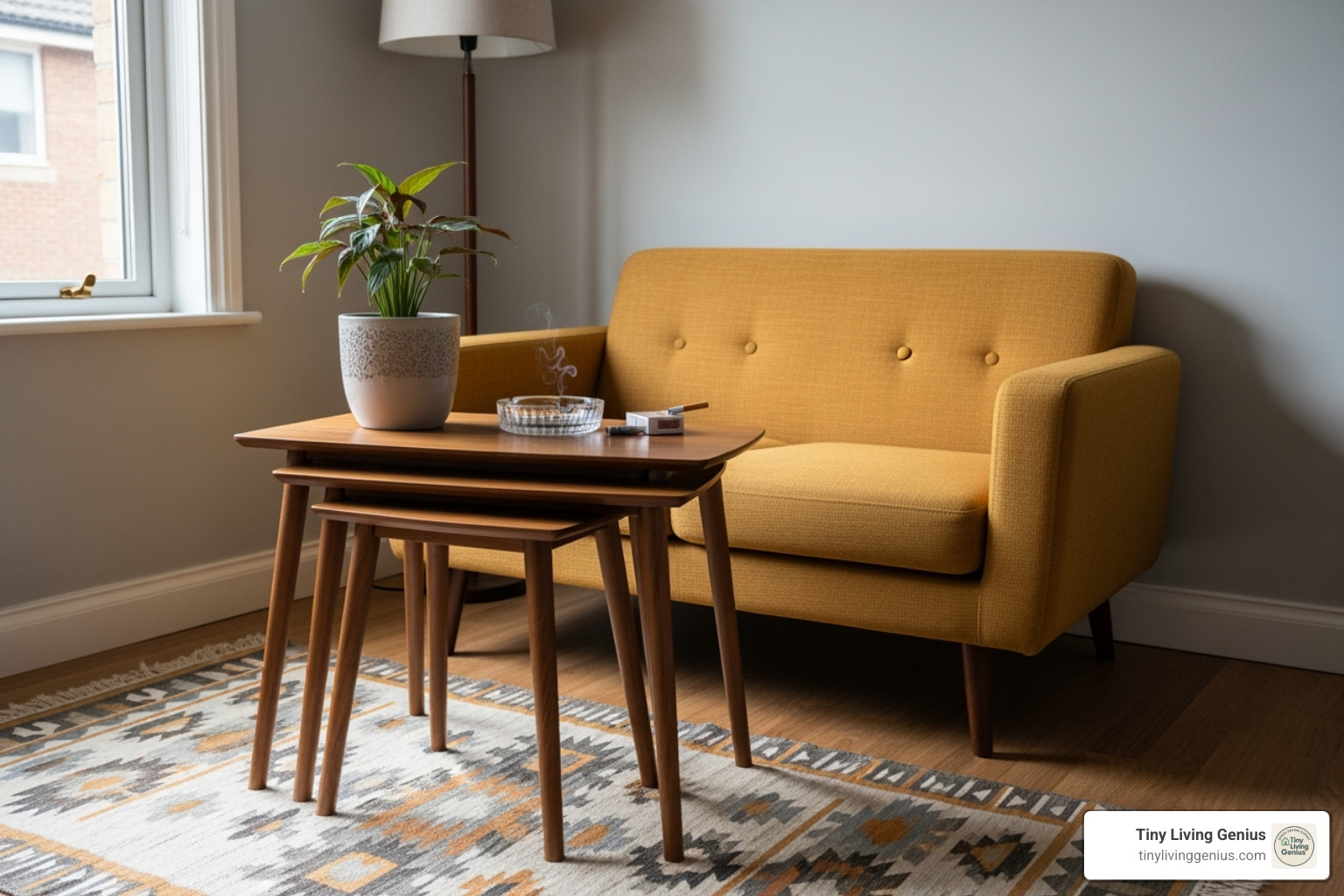 set of nesting tables next to a sofa - mid century modern furniture for small spaces