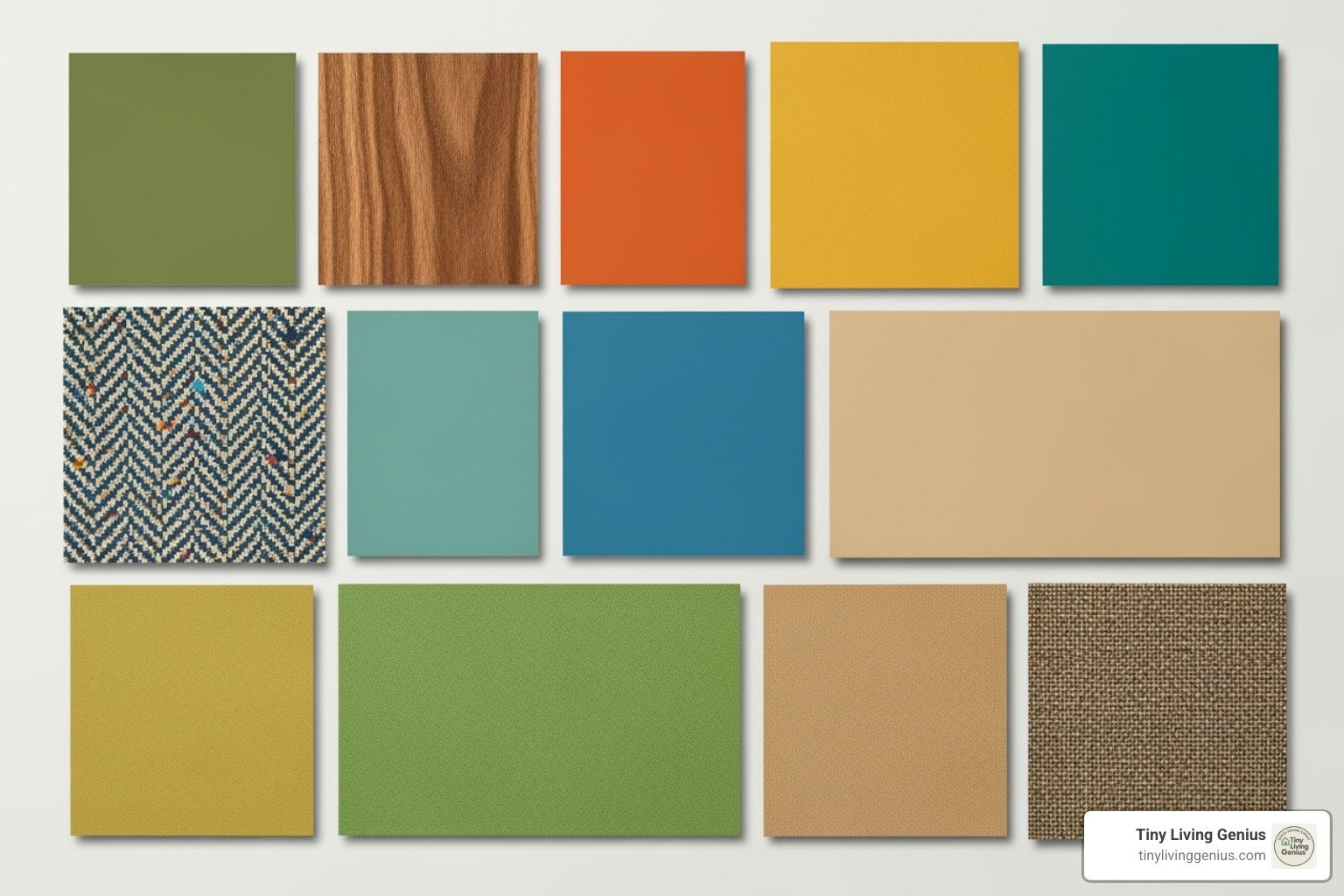 color and material palette swatch for mid-century modern design - mid century modern furniture for small spaces