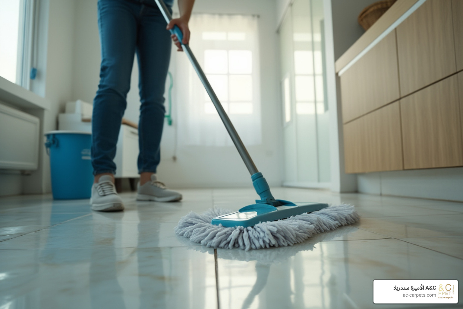 person mopping a tile floor - best way to clean and disinfect tile floors