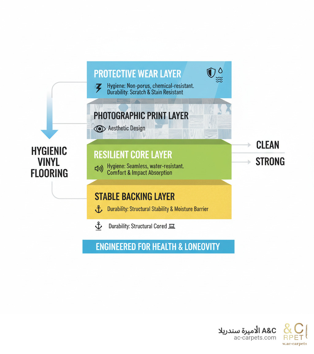 Detailed infographic showing the multi-layer construction of hygienic vinyl flooring with labeled sections for protective wear layer, photographic print layer, resilient core layer, and stable backing layer, highlighting how each component contributes to hygiene and durability - hygienic vinyl flooring infographic 