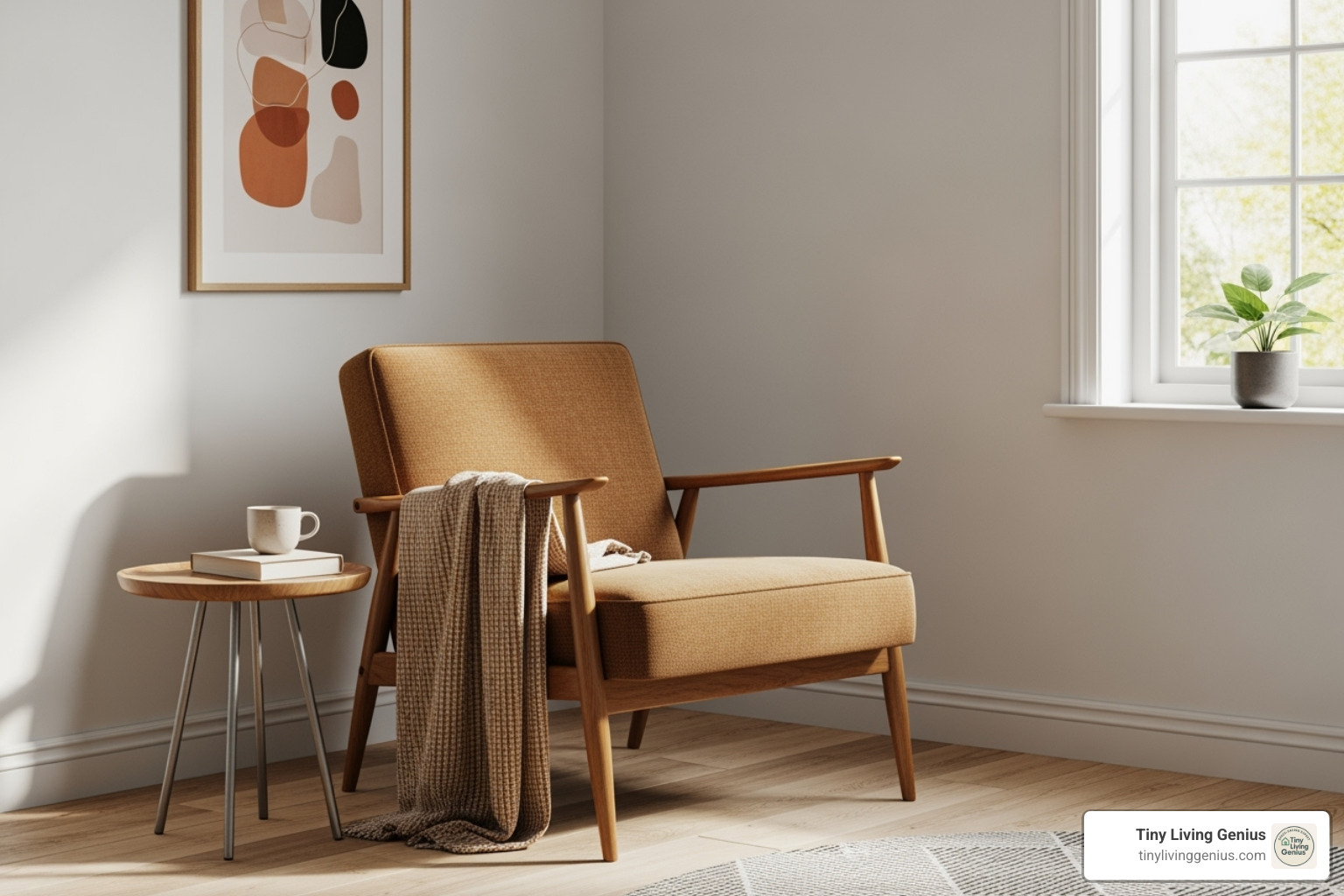 single, stylish mid-century modern armchair in a small corner - mid century modern furniture for small spaces
