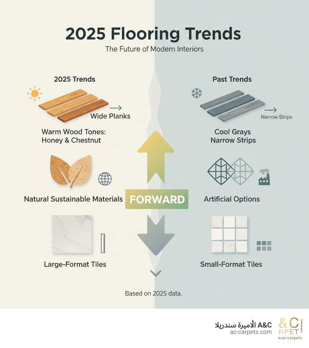 Infographic showing 2025 flooring trends comparison: warm honey and chestnut wood tones versus cool grays, wide planks versus narrow strips, natural sustainable materials versus artificial options, and large-format tiles versus small format tiles - modern flooring ideas interior infographic 