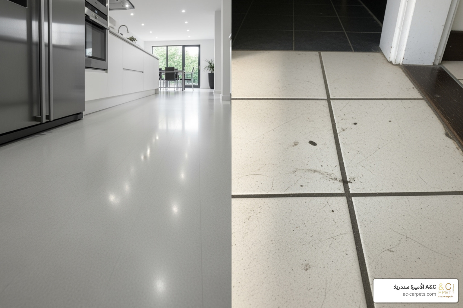 a clean vinyl floor in a kitchen area contrasted with a close-up of dirty grout lines in a tiled floor - hygienic vinyl flooring