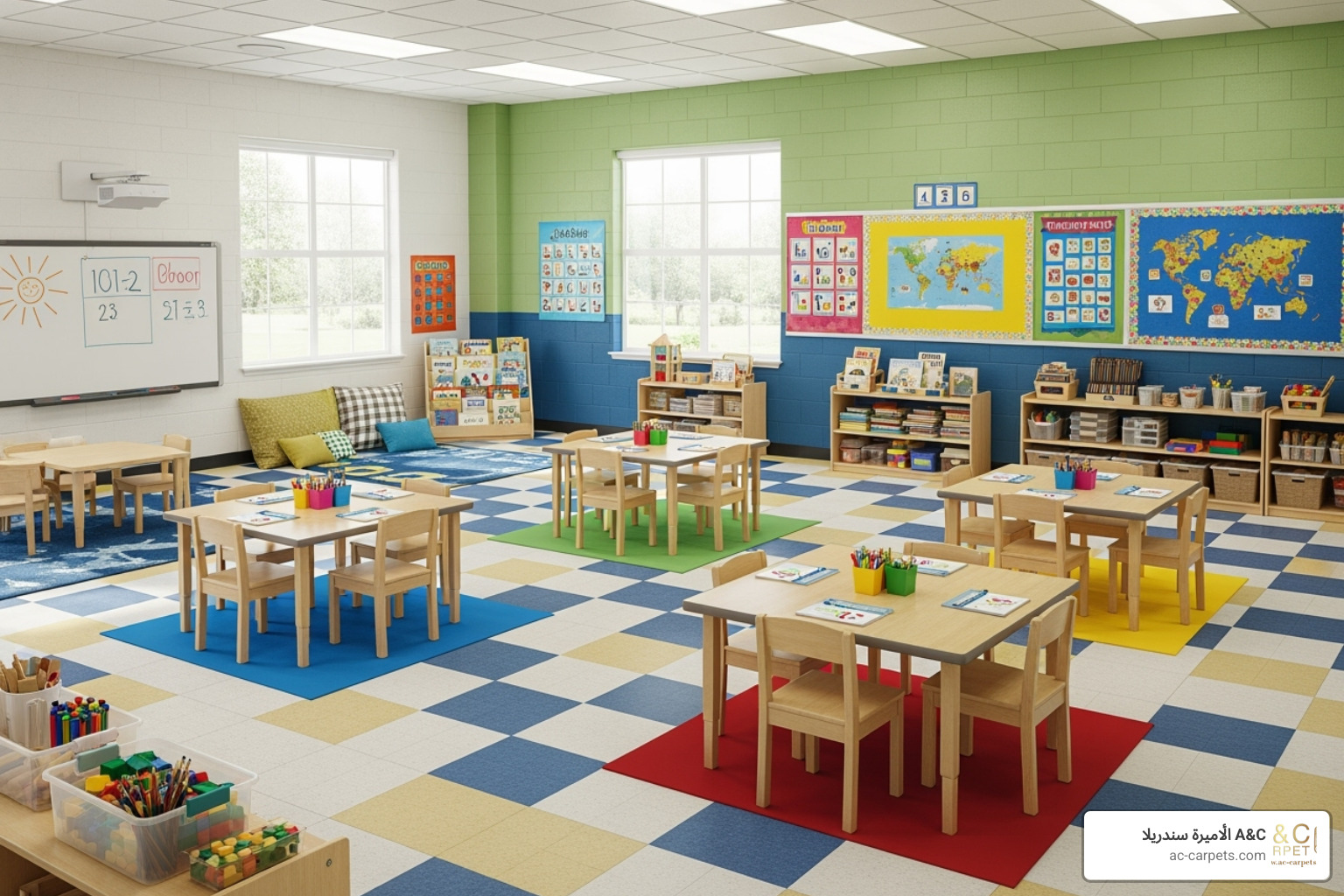 a colorful and clean school classroom with durable vinyl flooring - hygienic vinyl flooring