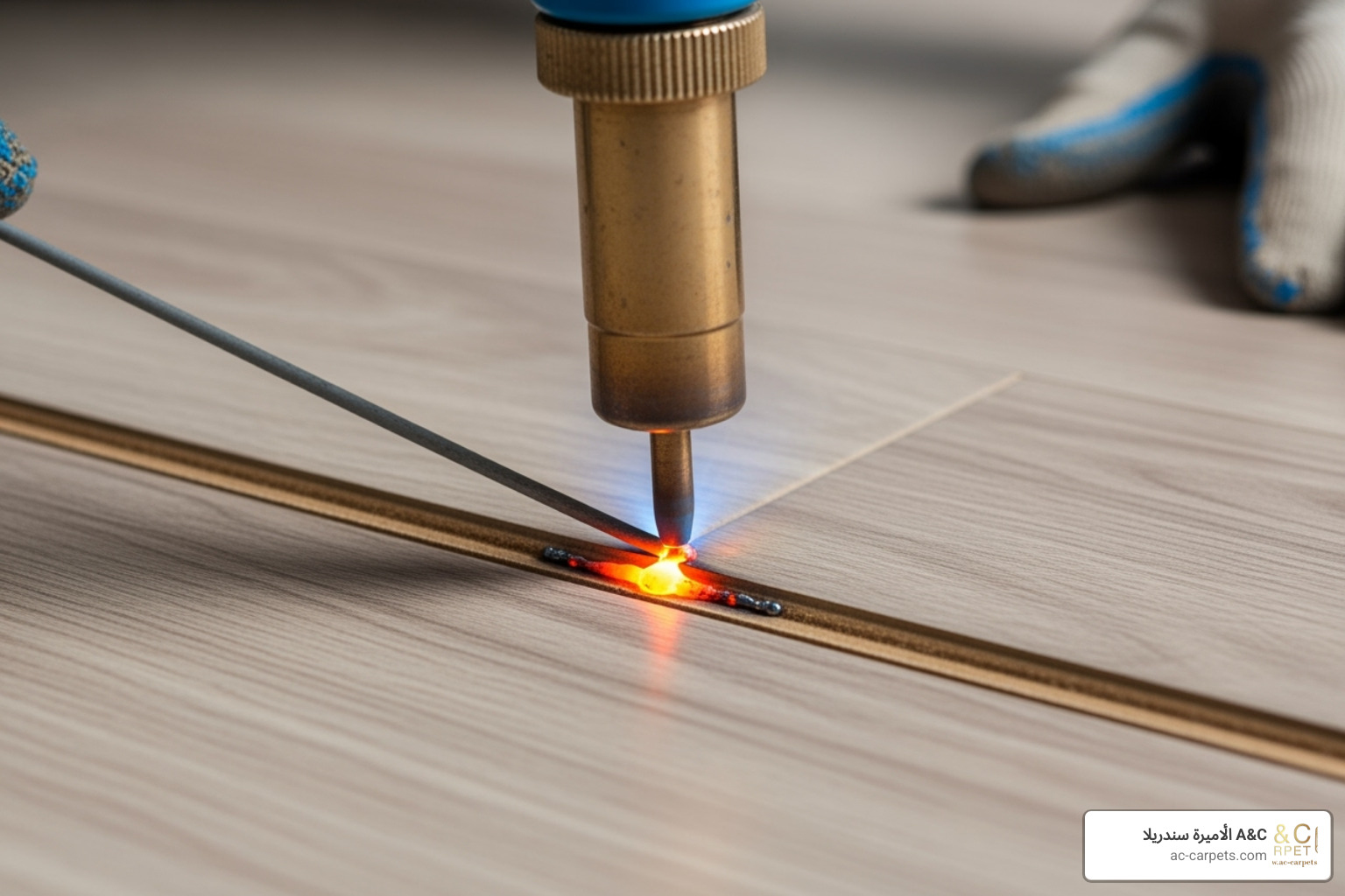 a heat-welding tool creating a seamless vinyl floor - hygienic vinyl flooring