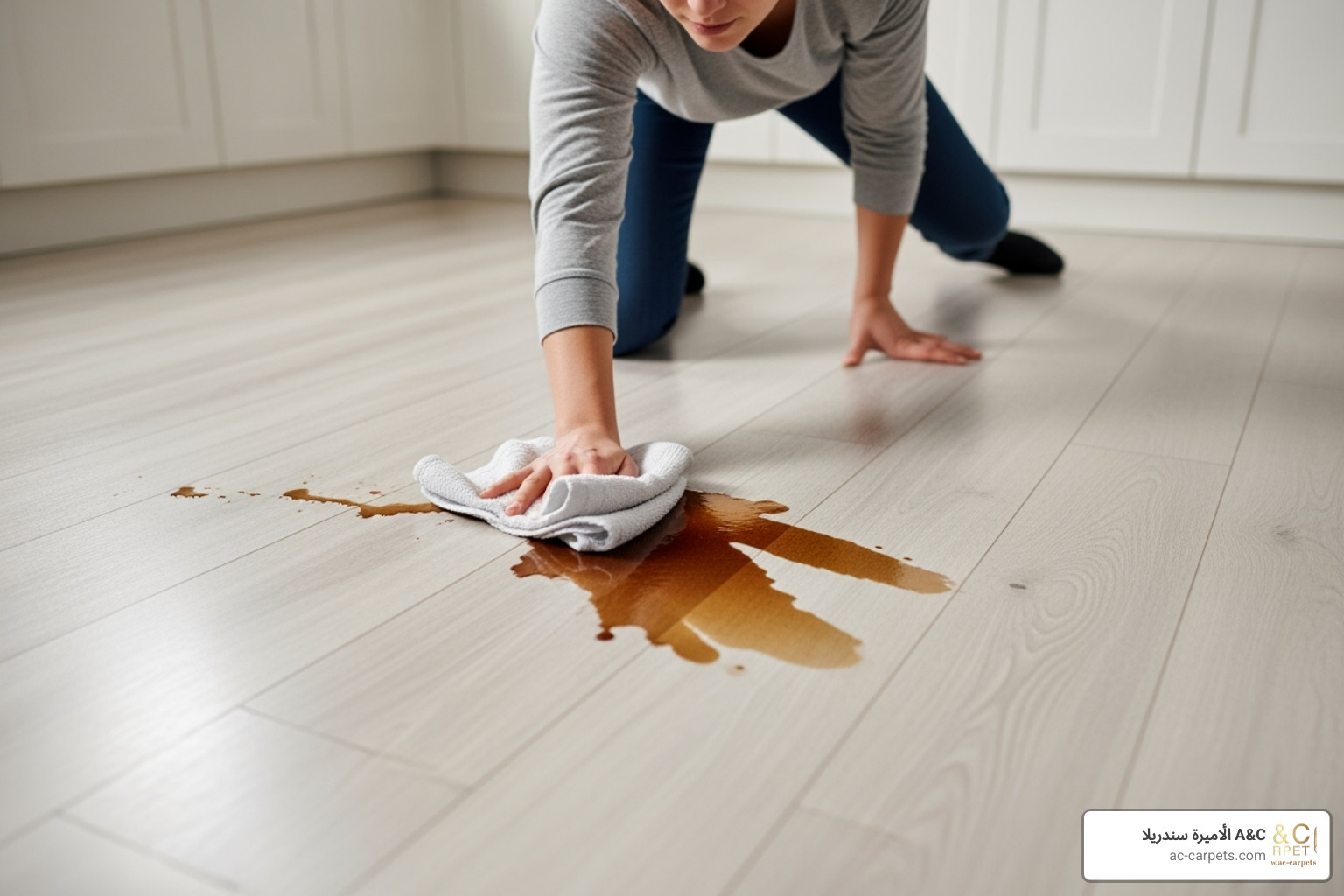a person quickly and easily wiping up a spilled drink from a vinyl kitchen floor - hygienic vinyl flooring