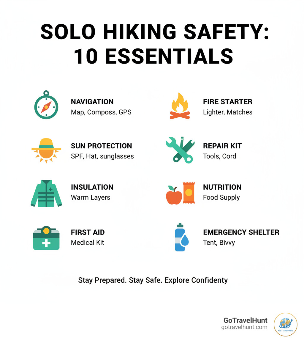 Comprehensive infographic showing the 10 Essential items for solo hiking safety including navigation tools, sun protection, insulation, illumination, first aid supplies, fire starter, repair kit, nutrition, hydration, and emergency shelter, with visual representations and brief descriptions for each category - Solo hiking trips infographic  Comprehensive infographic showing the 10 Essential items for solo hiking safety including navigation tools, sun protection, insulation, illumination, first aid supplies, fire starter, repair kit, nutrition, hydration, and emergency shelter, with visual representations and brief descriptions for each category - Solo hiking trips infographic