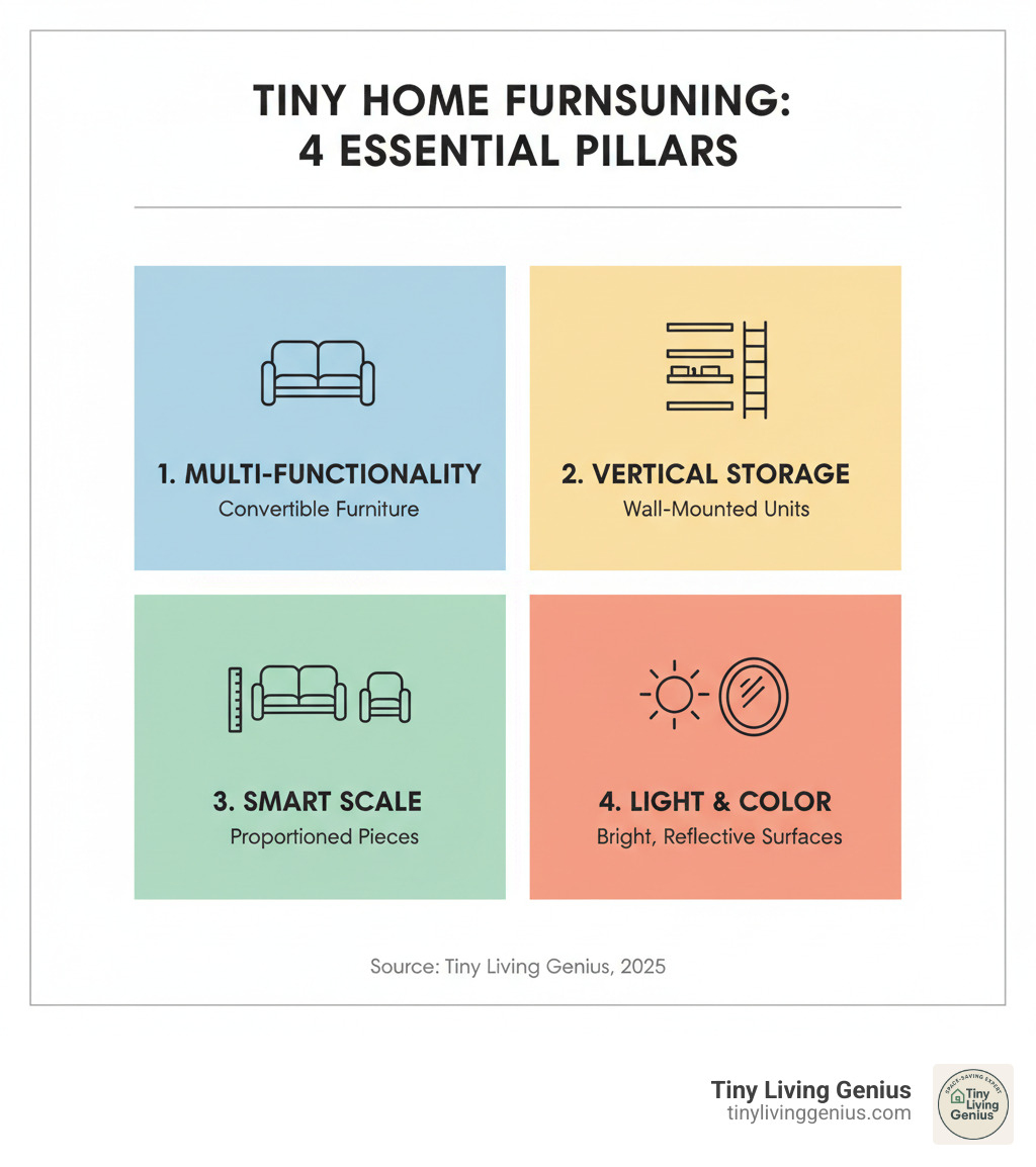 Infographic showing the four pillars of successful tiny home furnishing: Multi-Functionality with examples of convertible furniture, Vertical Storage showing wall-mounted solutions and tall units, Smart Scale illustrating properly proportioned furniture for small spaces, and Light & Color featuring bright materials and reflective surfaces that improve spaciousness - Tiny home furniture infographic 