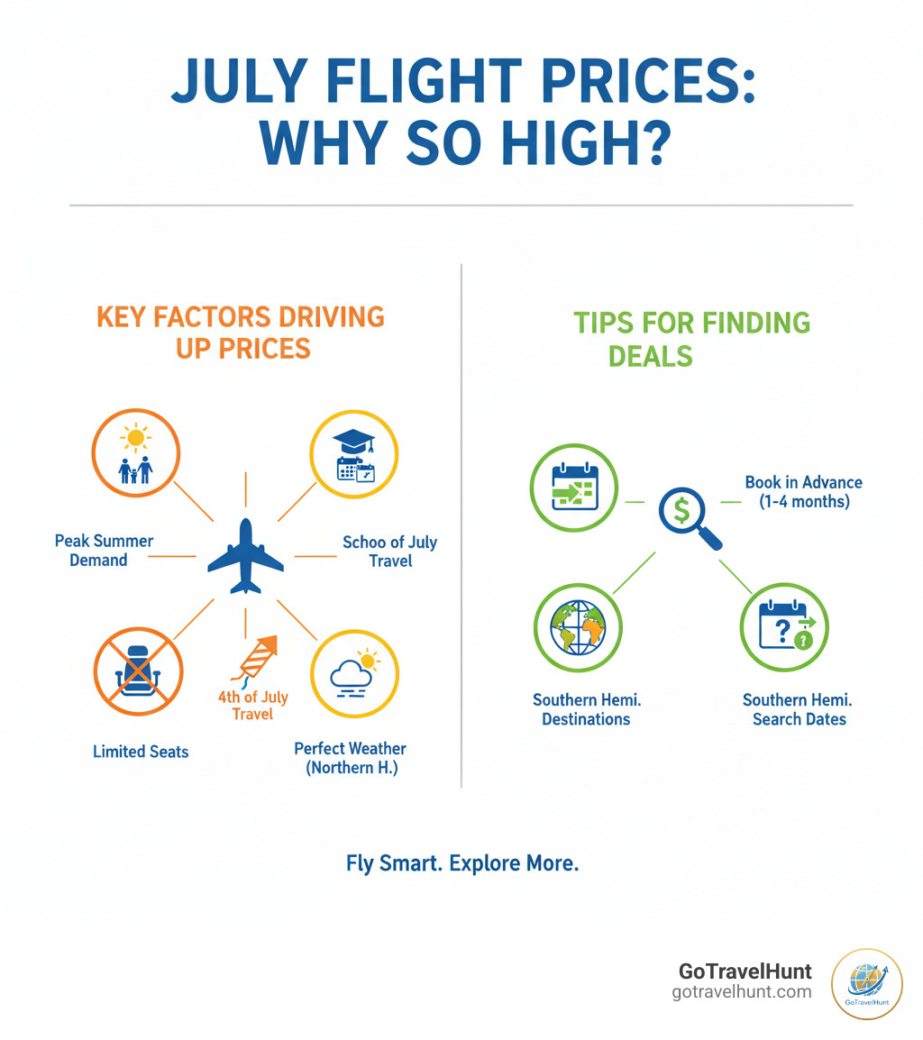 Infographic showing key factors that drive up July flight prices including peak summer demand, school vacations ending, Fourth of July weekend travel, perfect weather in Northern Hemisphere, and limited airline seat availability, with tips for finding deals like booking in advance, considering Southern Hemisphere destinations, and using flexible search dates - cheap flights in july infographic 