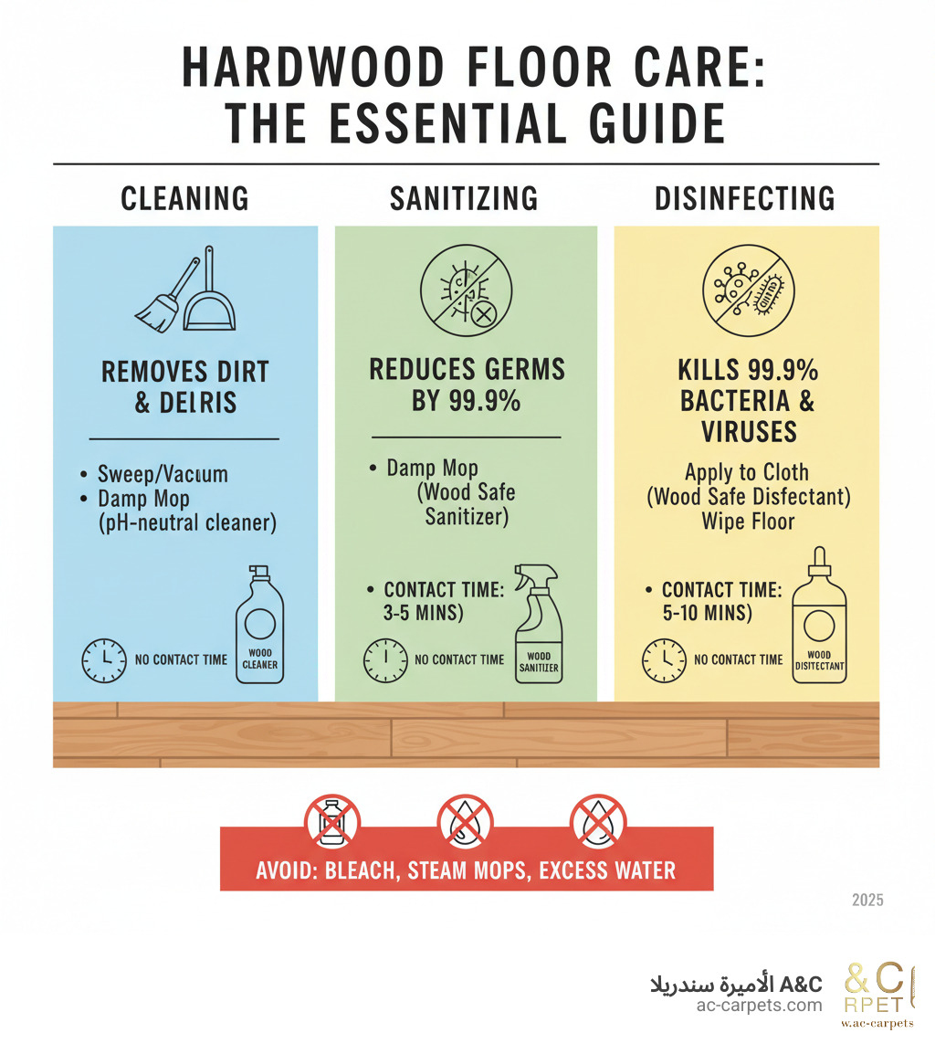 Complete guide showing the difference between cleaning (removing dirt and debris), sanitizing (reducing germs by 99.9%), and disinfecting (killing 99.9% of bacteria and viruses) with specific contact times and appropriate products for hardwood floors - best way to clean and disinfect hardwood floors infographic 