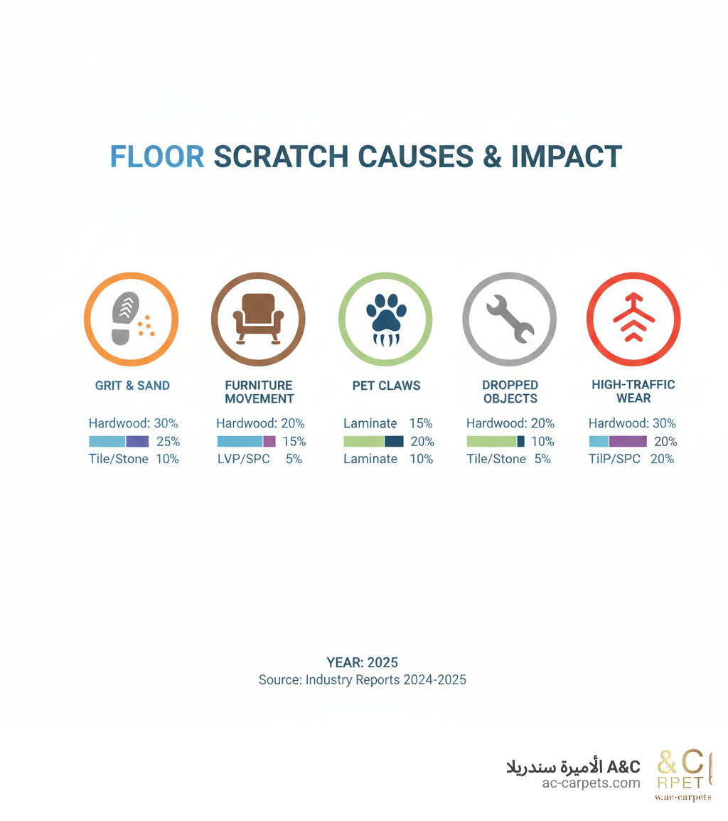 Comprehensive breakdown of common floor scratch causes including grit and sand tracked from outside, furniture movement without protective pads, pet claws and nails, dropped heavy objects, and high-traffic wear patterns, with percentage impact on different flooring types - Scratch resistant floors infographic 