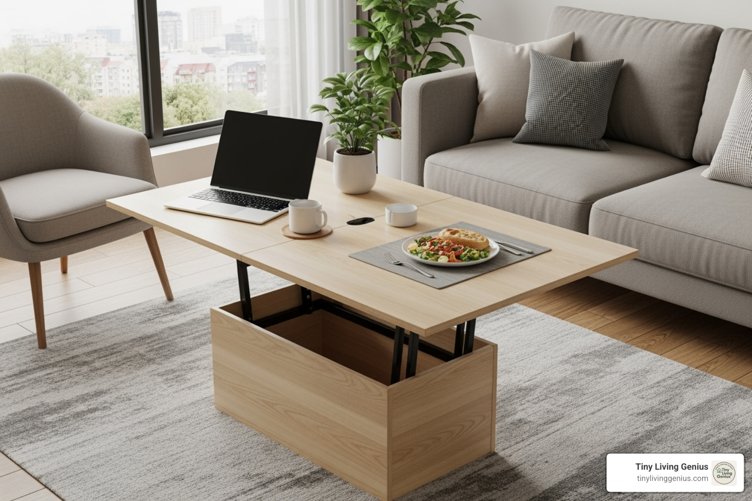 a lift-top coffee table being used as a dining table and workspace - Tiny home furniture