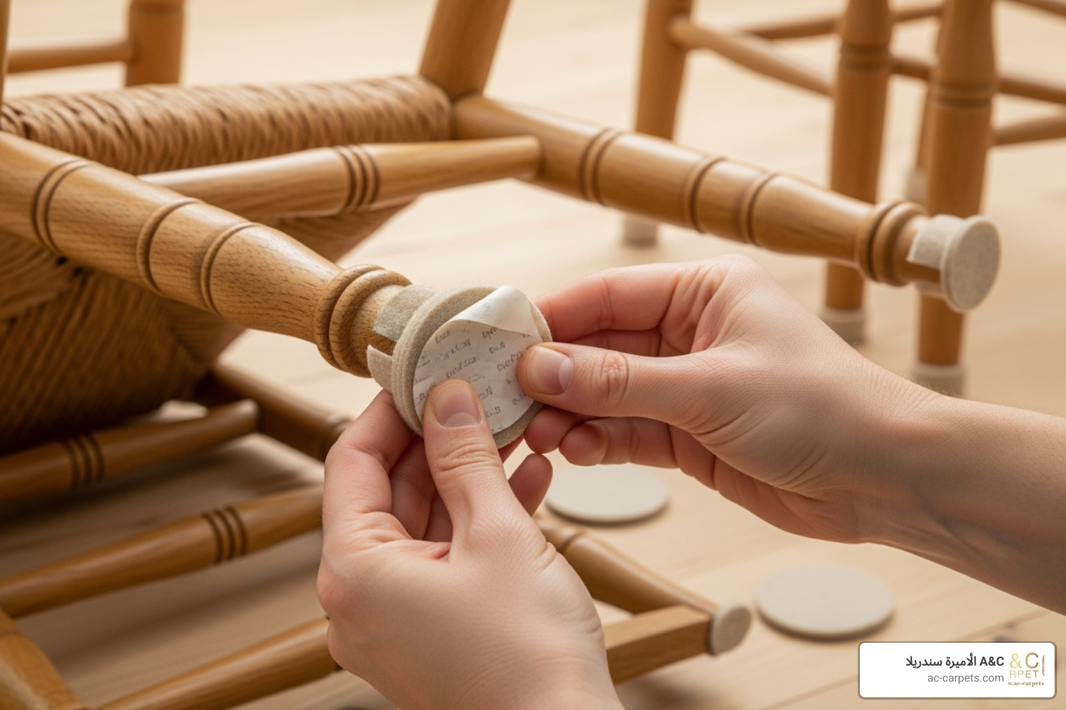 felt pads being applied to the legs of a chair - Scratch resistant floors