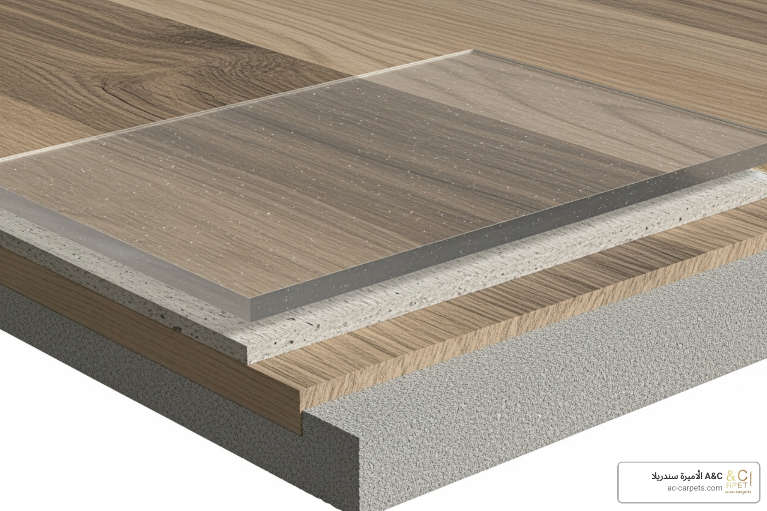 close-up showing the layers of a luxury vinyl plank - Scratch resistant floors