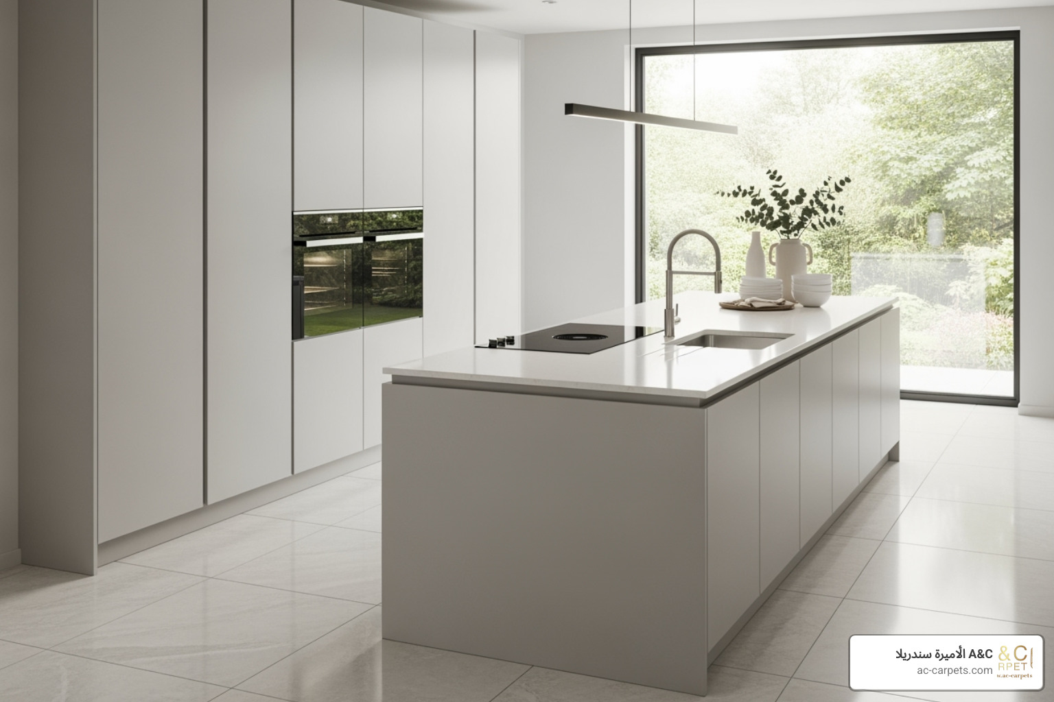 stylish modern kitchen with porcelain tile flooring - Scratch resistant floors