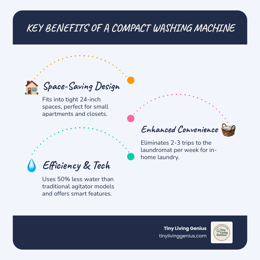 Infographic showing compact washing machine benefits: fits in 24-inch spaces, saves 2-3 trips to laundromat per week, uses 50% less water than top-load agitator models, and offers advanced features like steam cleaning and smart connectivity - Best compact washing machine infographic infographic-line-3-steps-blues-accent_colors