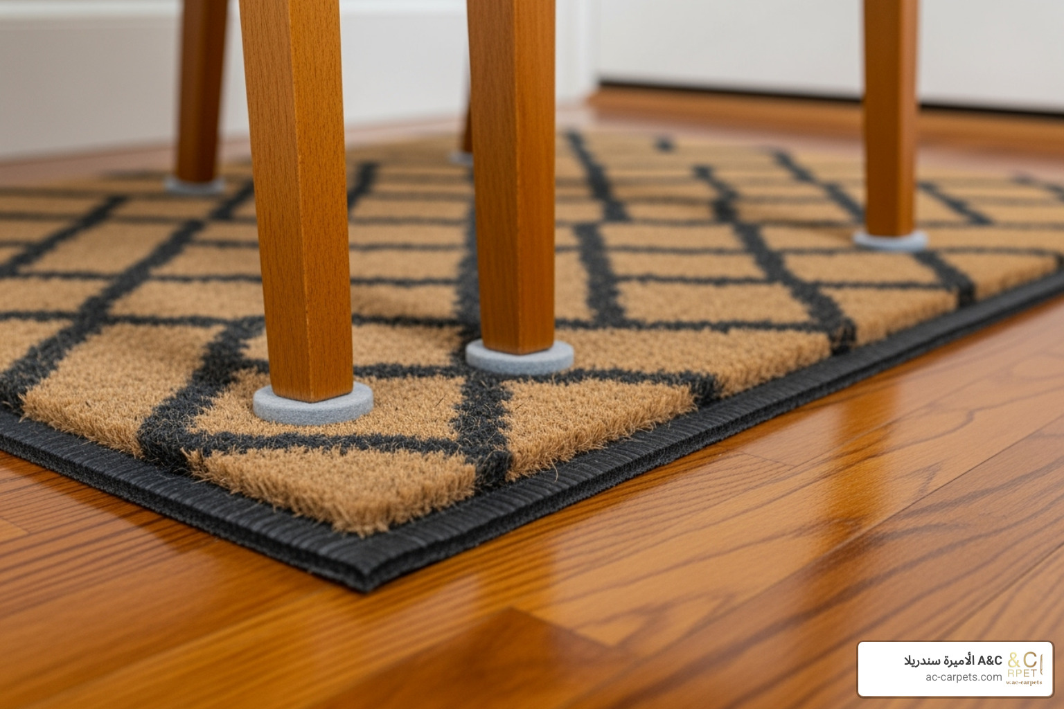 felt furniture pads on chair legs and a stylish doormat at an entryway - best way to clean and disinfect hardwood floors