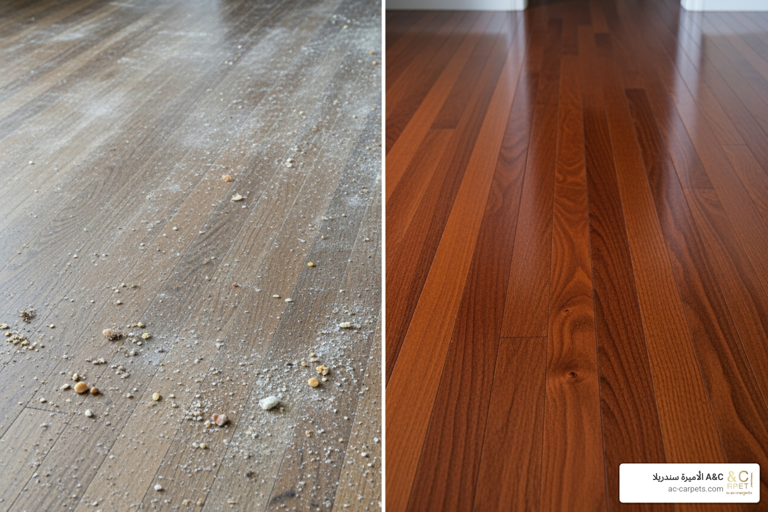 split screen showing a dirty floor on one side and a sparkling clean floor on the other - best way to clean and disinfect hardwood floors
