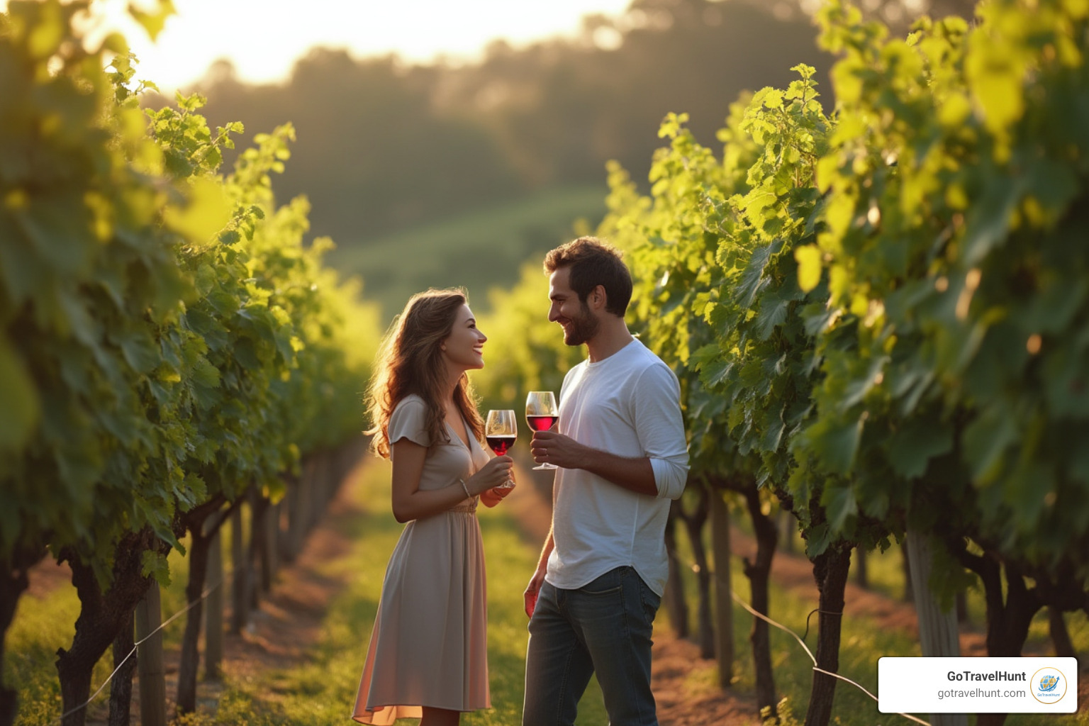 Couple enjoying wine tasting in a vineyard - best vacation spots for couples Couple enjoying wine tasting in a vineyard - best vacation spots for couples