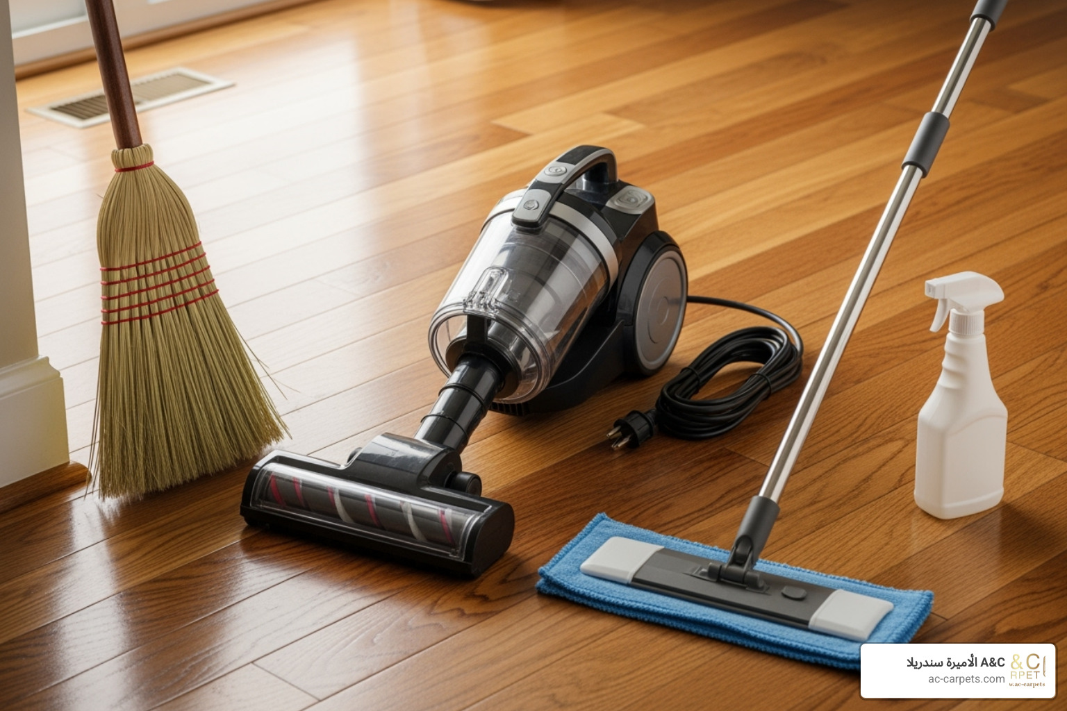 essential cleaning tools: a soft-bristle broom, a vacuum with a hard floor setting, and a microfiber mop - best way to clean and disinfect hardwood floors