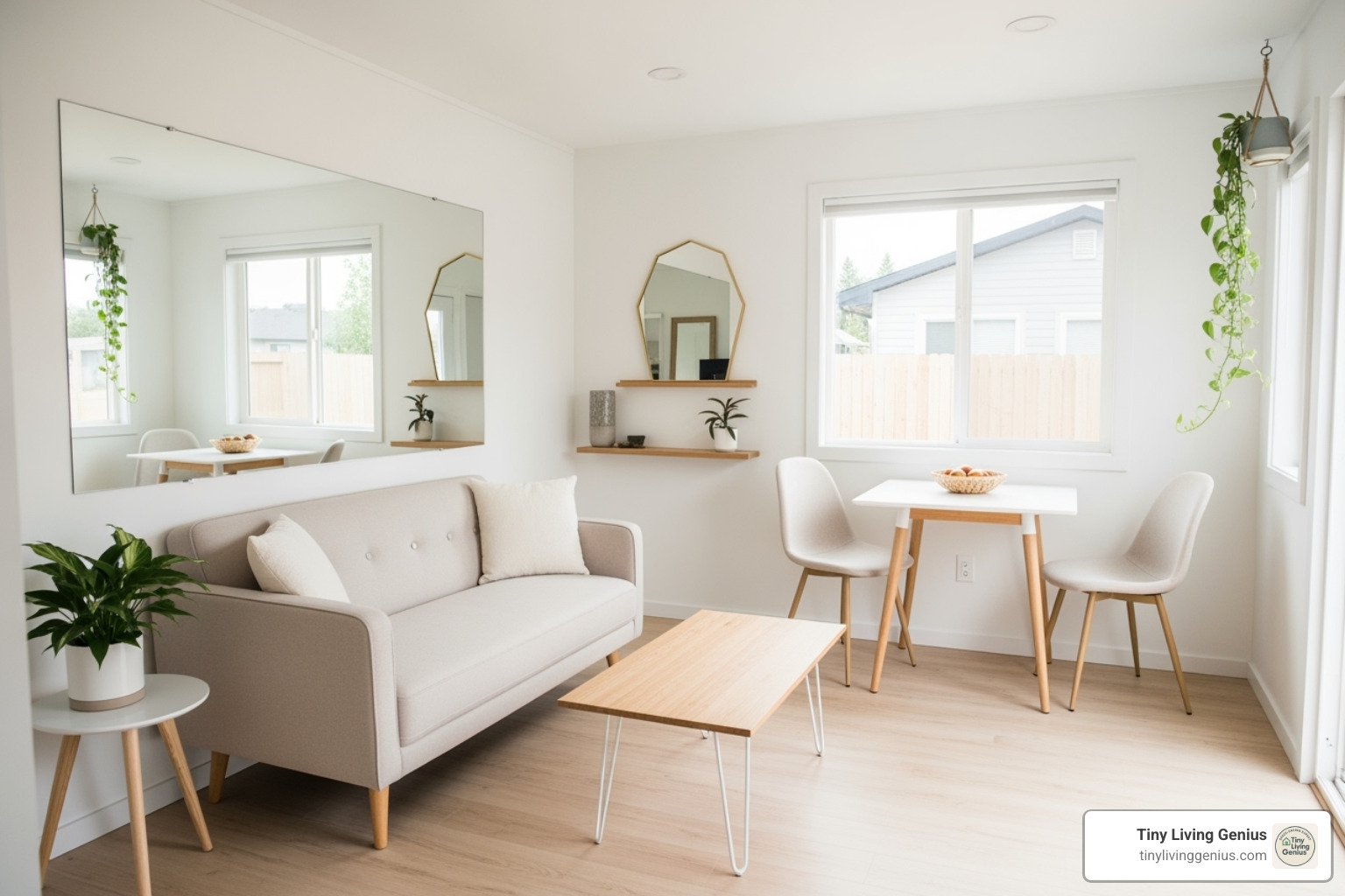 a tiny home interior using light colors, mirrors, and furniture with visible legs to create a sense of openness - Tiny home furniture