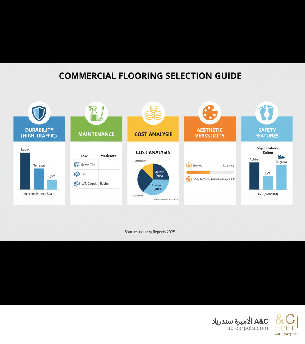 Detailed infographic showing key factors for selecting commercial flooring including durability ratings for high-traffic areas, maintenance requirements comparison chart, cost analysis breakdown of upfront versus lifetime costs, aesthetic versatility scale, and safety features like slip resistance ratings - Commercial flooring solutions infographic 