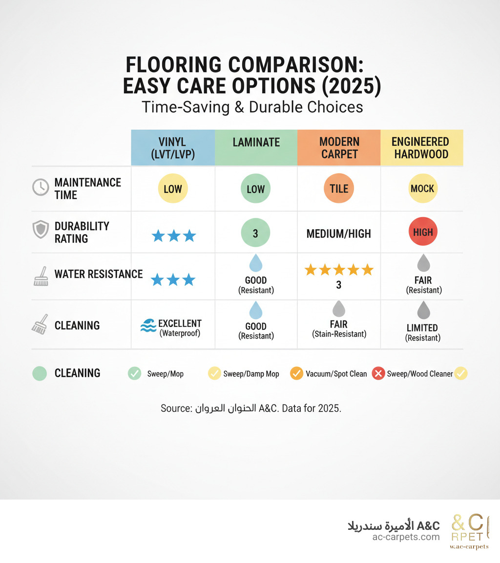 Comprehensive comparison chart showing maintenance time, durability ratings, water resistance levels, and cleaning requirements for vinyl, laminate, tile, modern carpet, and engineered hardwood flooring options - easy care flooring infographic 