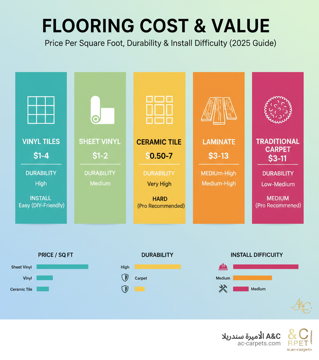 Comprehensive cost comparison infographic showing price per square foot for carpet replacement alternatives including vinyl tiles at $1-4, sheet vinyl at $1-2, ceramic tile at $0.50-7, laminate at $3-13, and traditional carpet at $3-11, with durability ratings and installation difficulty levels - cheapest way to replace carpet infographic 