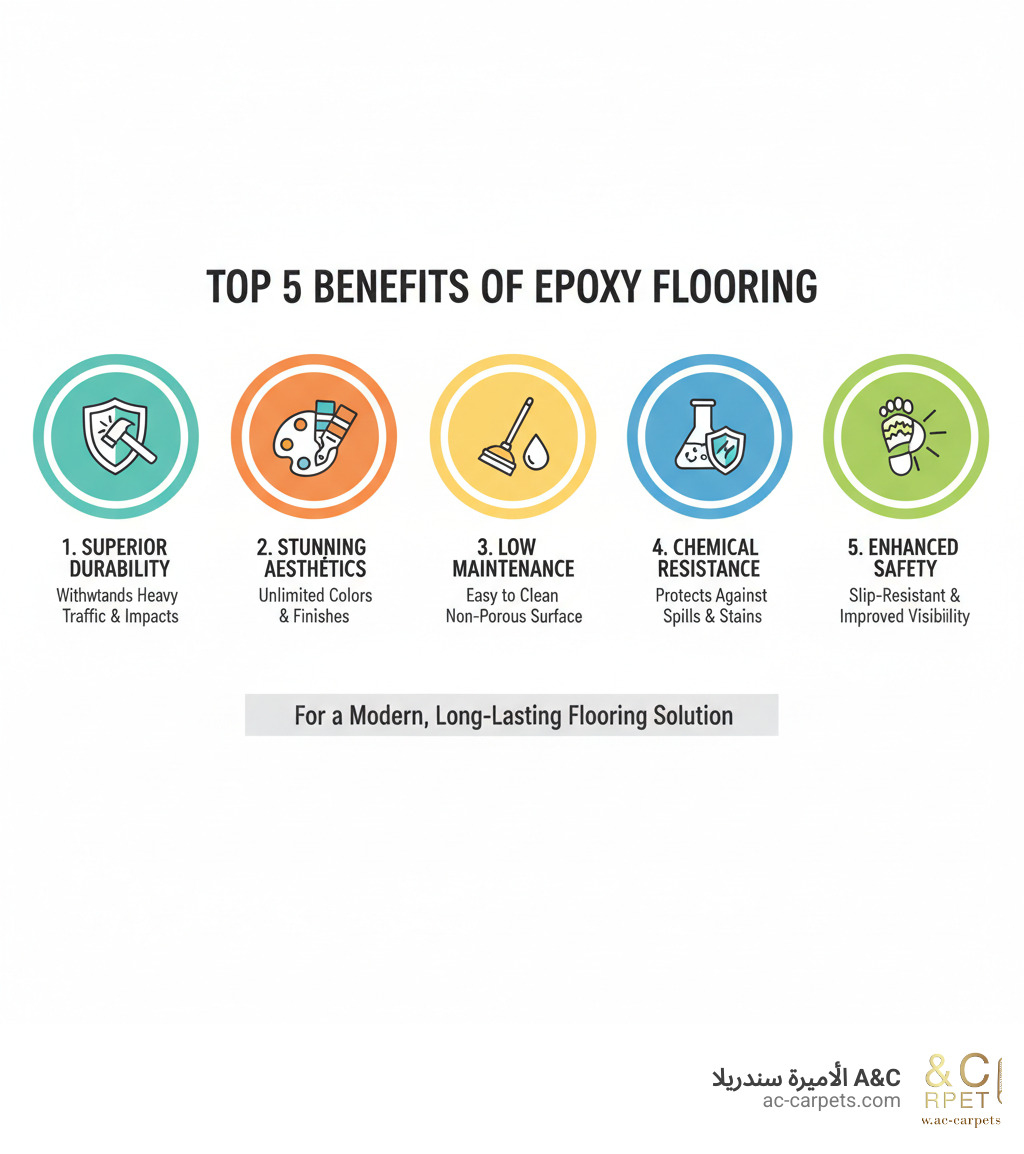 Infographic showing the top 5 benefits of epoxy flooring: 1. Superior Durability - withstands heavy traffic and impacts, 2. Stunning Aesthetics - unlimited colors and finishes available, 3. Low Maintenance - easy to clean non-porous surface, 4. Chemical Resistance - protects against spills and stains, 5. Improved Safety - slip-resistant additives and improved visibility - Epoxy resin floors infographic 