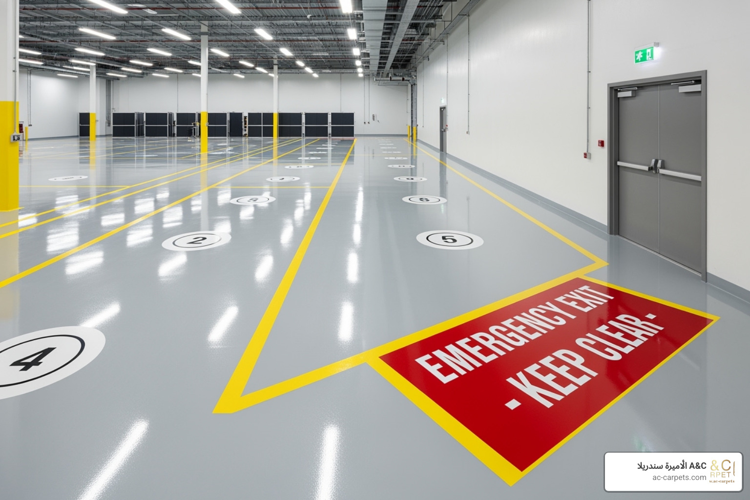 A clean, seamless epoxy floor in an industrial setting with clear markings - Commercial flooring solutions
