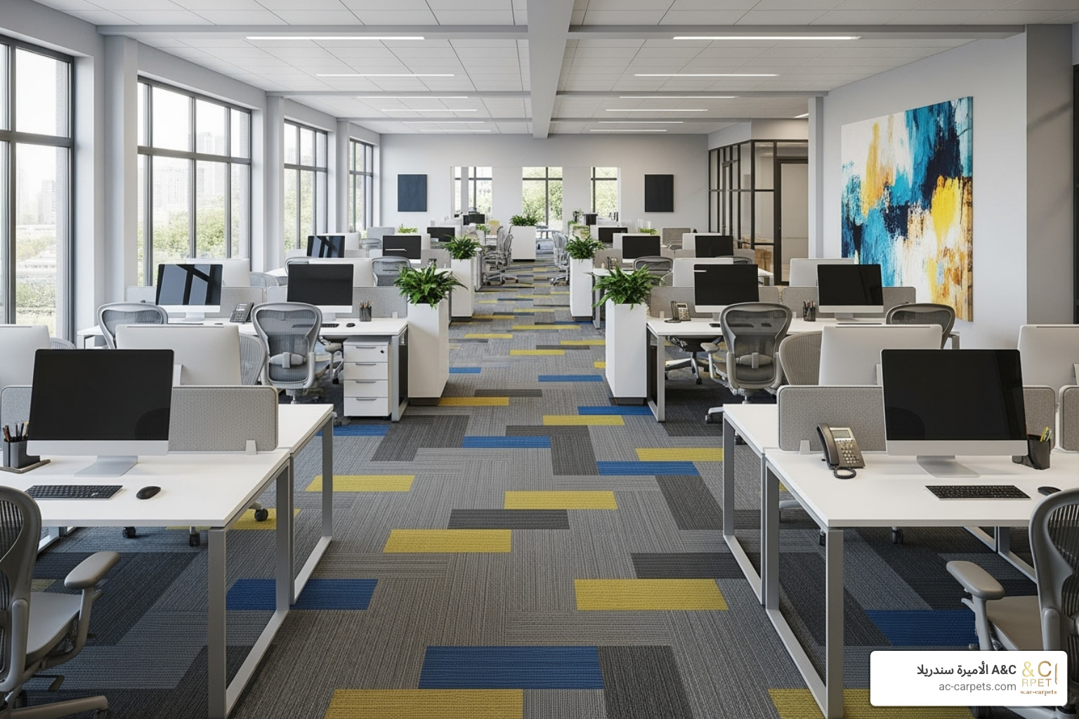 A modern office space featuring creative patterns made from carpet tiles - Commercial flooring solutions