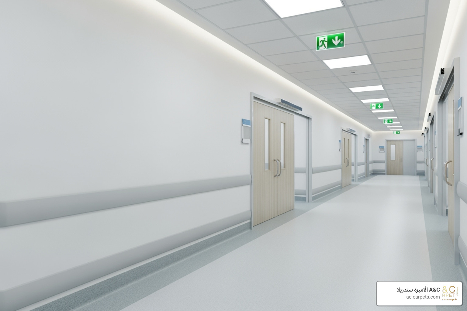 A clean, modern hospital hallway with seamless and hygienic flooring - Commercial flooring solutions