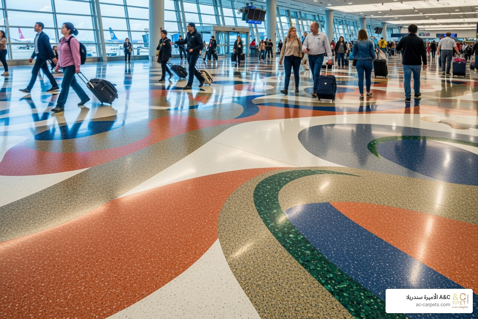 A beautiful terrazzo-style floor in an airport with intricate patterns and high foot traffic - Commercial flooring solutions