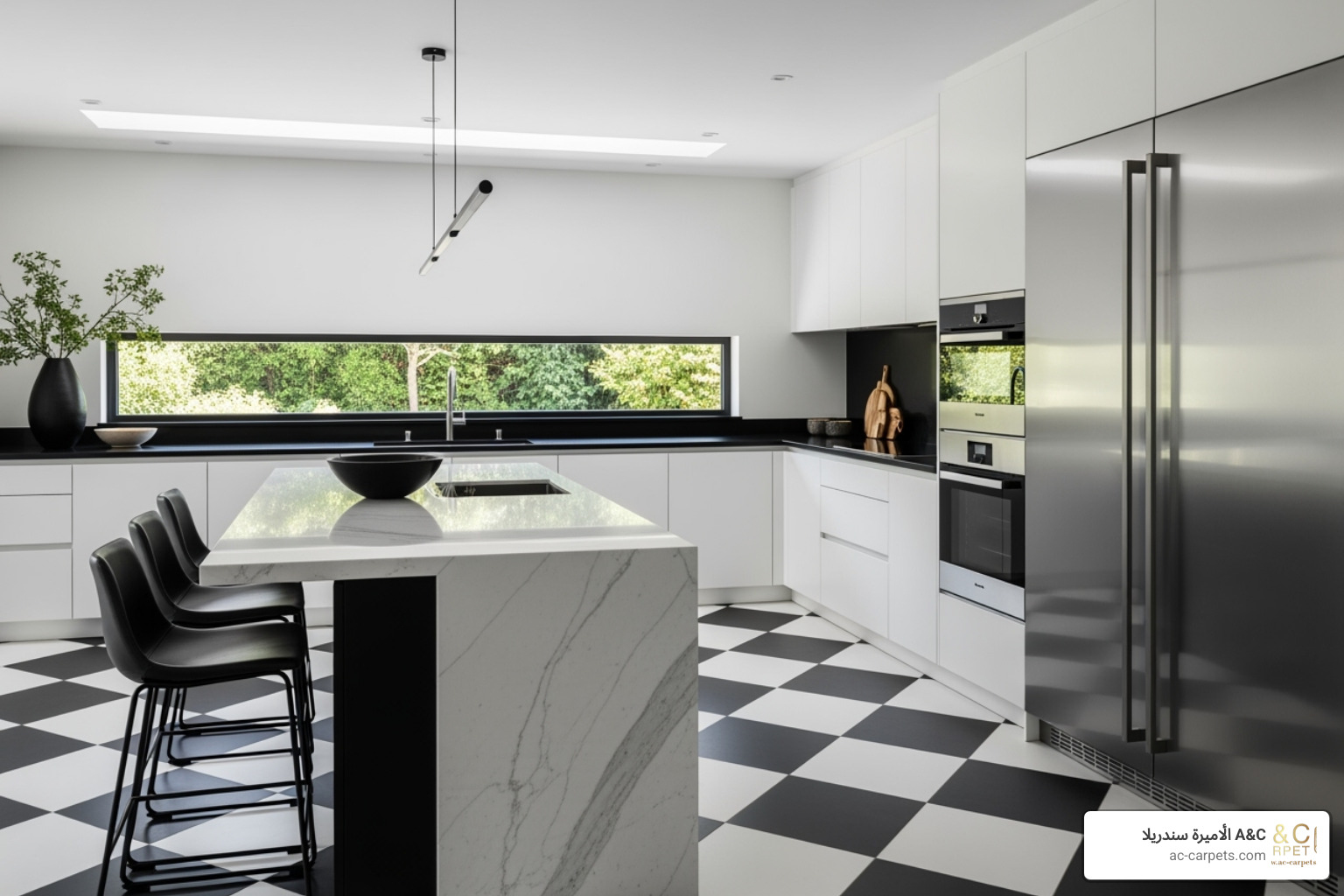 Modern kitchen with black and white checkerboard floor - modern flooring ideas interior