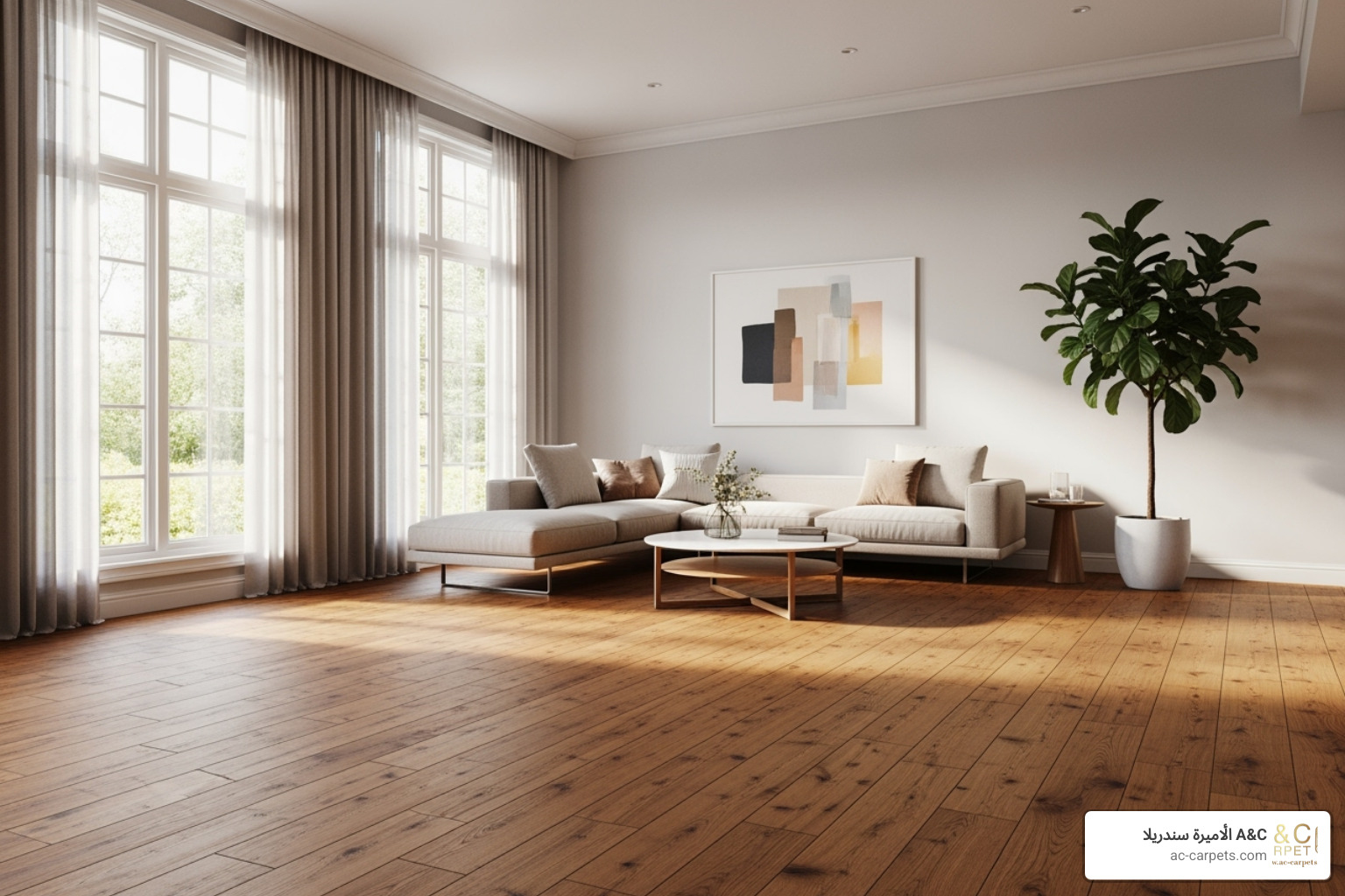 Open-concept living room with wide plank wood flooring - modern flooring ideas interior