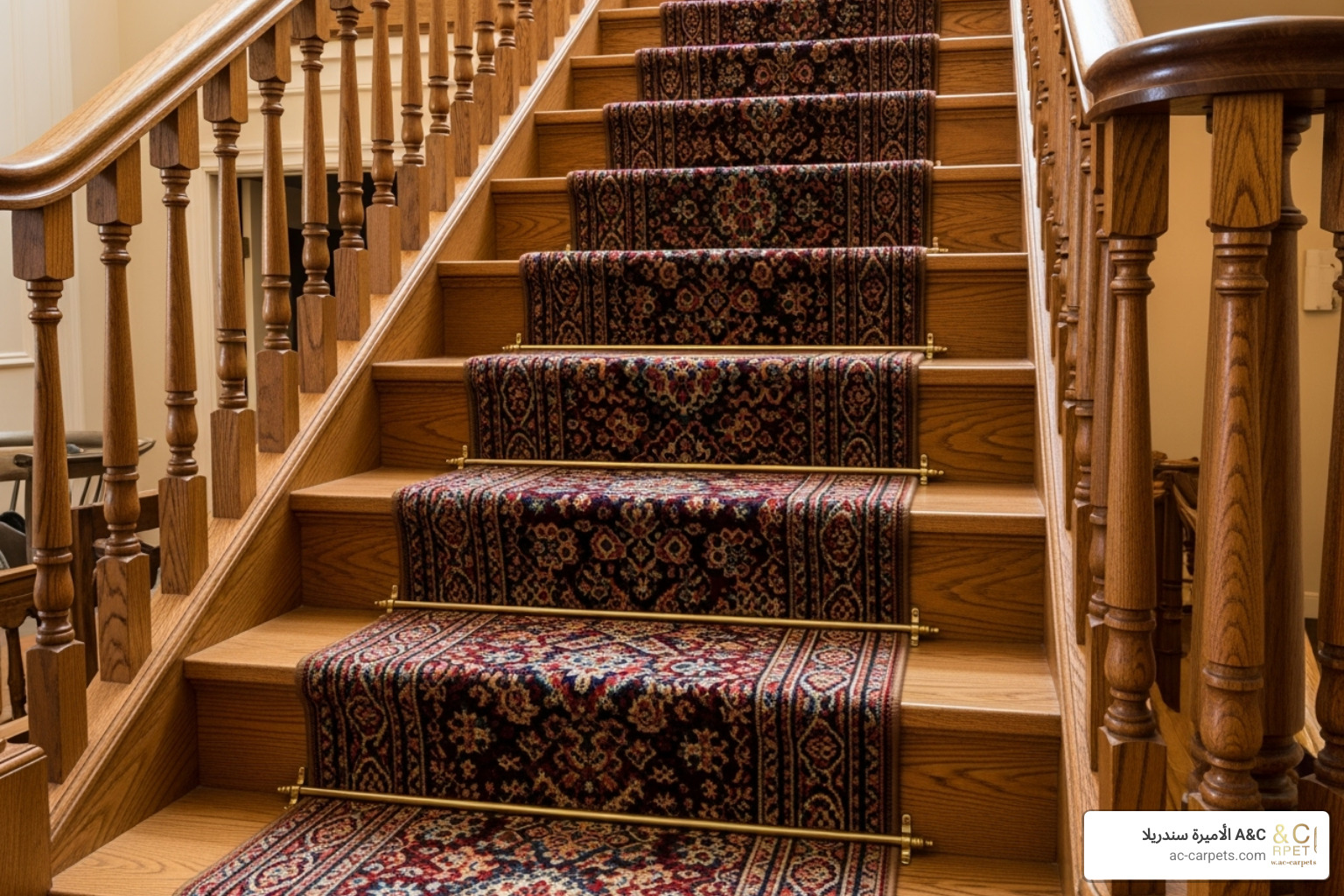 of a beautiful wooden staircase with a vibrant, patterned stair runner held by brass rods - stair ideas instead of carpet