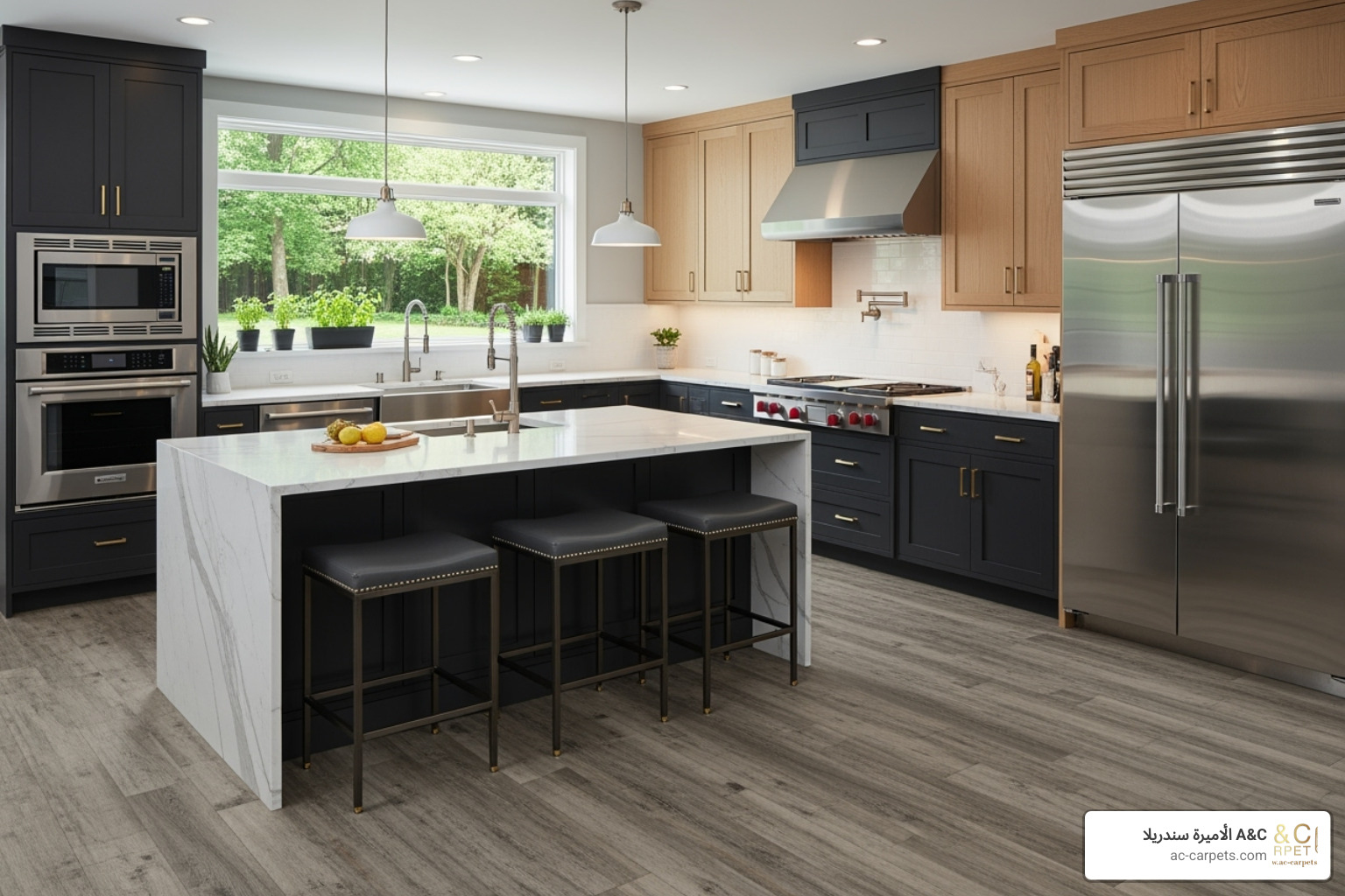 stylish kitchen with luxury vinyl tile (LVT) flooring - easy care flooring