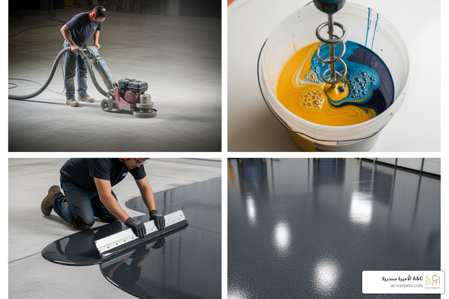 Collage showing surface preparation, epoxy mixing, application with a squeegee, and a final cured epoxy floor - Epoxy resin floors
