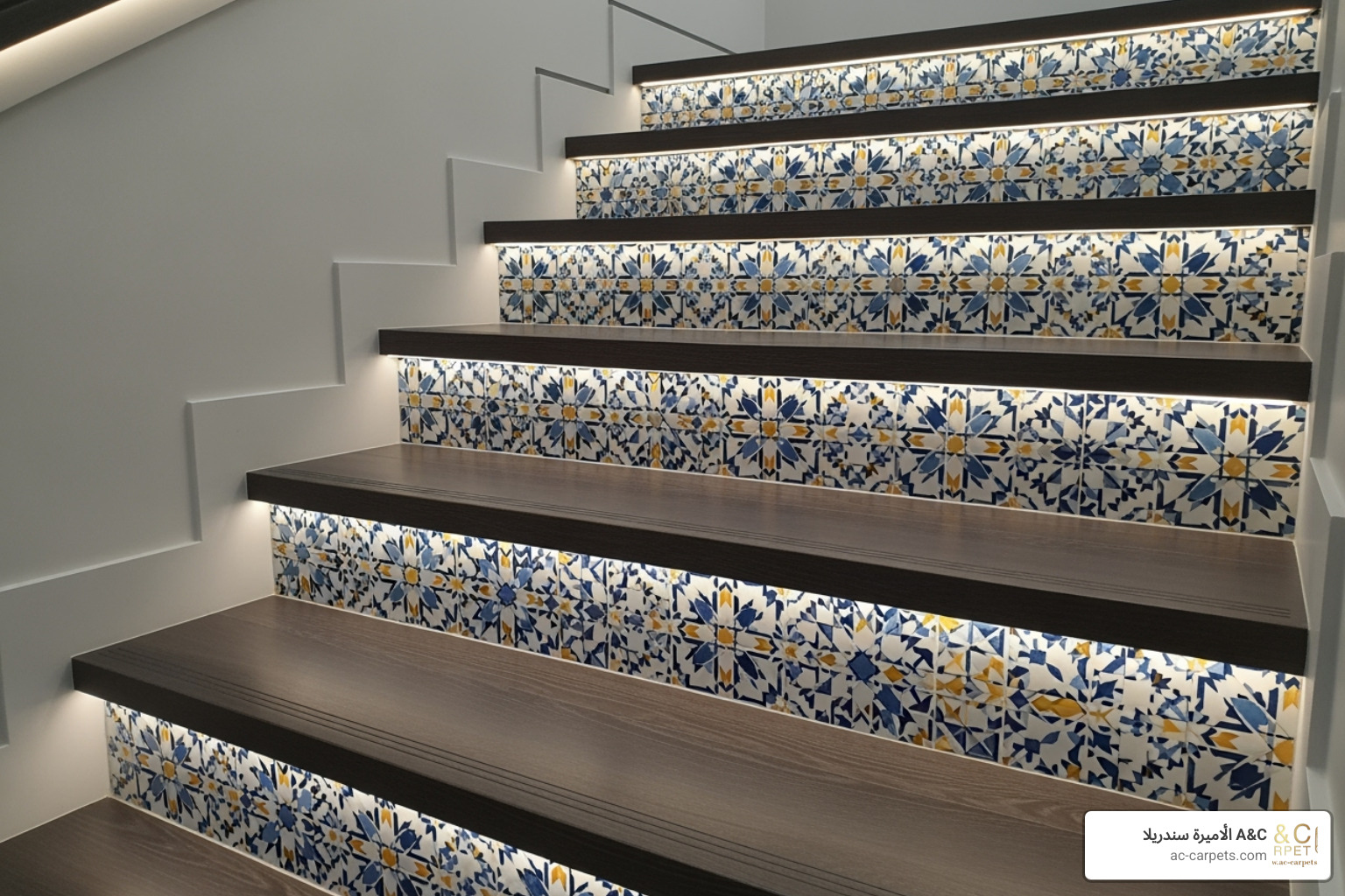 of a staircase with sleek laminate treads and patterned tile risers - stair ideas instead of carpet